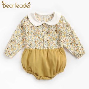 Urso Líder Bonito Criança Bebê Macacão Peter Pan Colar Nascido Meninas Imprimir Jumpsuits Infantil Floral Romper Roupas 3M-24M 210708