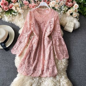 Sweet Pink/Black/White Lace Hollow Out Mini Dress Women Autumn 2020 Elegant Round Neck Long Sleeve A-Line Vestidos Female Robe Y0603