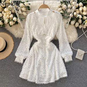 Neploe Sexy Woman Dress Vintage Chic Hollow Out Stand Neck Mini Dresses for Women Heavy Sequined Temperament Robe Vestidos Mujer 210422