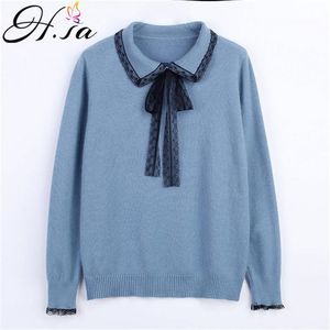 H.SA Koreanska Mode Kläder Kvinnor Casual Pullover och Tröjor Slå ner Krage Sticka Pull Jumpers Bow Lace Sweater Dam Toppar 210417