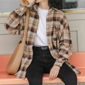 Spring Plaid vintage skjorta kvinnliga överdimensionerade toppar kvinnor långärmad flickor blus plus storlek bomullsblusar femme blusa 210423