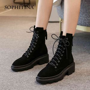 Sophitina Mulheres Tornozelo Botas Casual Bottom Lace-Up Round Round Toe Square Heel Sapatos Primavera / Outono Não-Slip Sapatos So821 210513