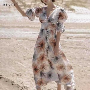 トラフの夏のドレス女性の服の女性の長い花のコテンコア自由奔放に生きる花の高級デザイナー630162 210712