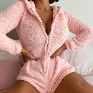Sexy Low Cut Plush Playsuits Casual Hooded Zipper V Neck Long Sleeve Solid Slim Jumpsuits Fall Winter Warm Flannel Ladies Romper 210522