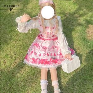 여름 Jsk 달콤한 딸기 민소매 드레스 로리타 핑크 프릴 버블 체리 슬링 카와이 소녀 Loli Cosplay 210520