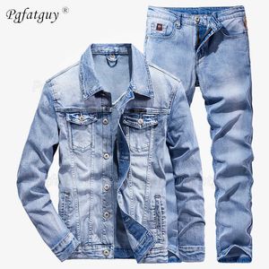 Estilo punk homens 2 peça conjunto novo simples luz mola azul rasgado de manga longa jaqueta denim + jeans moda fino casal jeans conjunto x0909