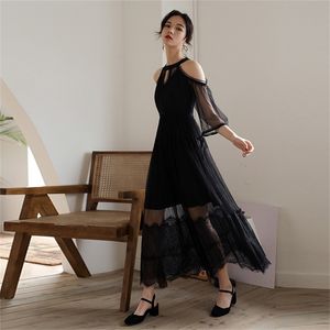 Maxi Elegant Mesh Lace Sexy Women Dress Evening Party Half Sleeve Halter Vestidos De Fiesta Summer Black Long 210603