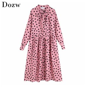 Polka Dot Baskı Kadın Gömlek Elbise Papyon Yaka Uzun Kollu Pileli Vintage Bayan Midi Ofisi ES Vestidos 210515