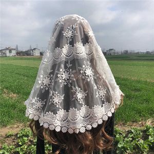 White Women's Lace Catholic Veil Mantilla for Church Head Covering Scarf 3D Flower Mass Voile Shawl Kerchief Dentelle Infinity X0726