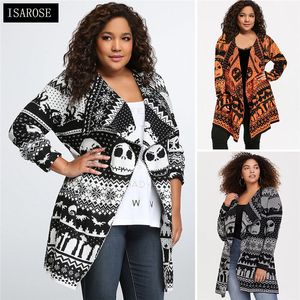 ISAROSE Women Sweater Cardigan Autumn Knitted Skull Turn-down Collar Plus Size Cardigans Coat Hip Reach Long Sleeve Outerwear 210422