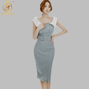 高品質の女性のセクシーオフ肩の韓国のドレス青いパッチワーク夏のドレスvestidos 210520