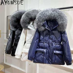 Vinter Vit Duck Down Jacket Kvinnor Hooded Big Fur Collar Koreansk Kvinna Coat Kvinna Puffer Casaco Feminino Inverno KJ5124 Kvinnors Parkas