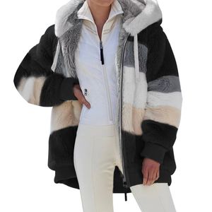 양모 혼합 재킷 여성 겨울 코트 캐주얼 여성 플러시 패치 워크 지퍼 포켓 후드 코트 느슨한 겉옷 여성 재킷 210419