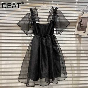 泥炭春の夏のファッションカジュアルな黒の気質二重層メッシュ弓ショルダープリンセスドレス女性SK826 210709