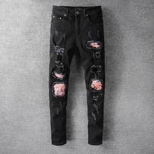 Trendy Flower Patchwork Brand Jeans for Men 2021 Driver Hip Hop Party Black Pants strappato Hole Big Size Deisgner Men's