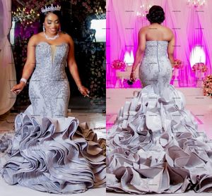 Silver Lace Aso Ebi Wedding Dresses Mermaid sweetheart Zipper Back Ruffles Satin Plus Size With Train African Princess Bridal Gowns