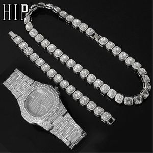 HIP 12MM PRONG TENNIS Ожерелье + багетные часы + браслет хип-хоп цепь замороженные вымощенные стразы CZ Bling для мужчин ювелирные изделия
