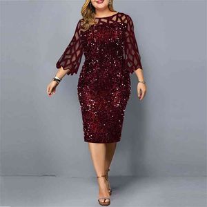 Plus Size Sukienka dla kobiet Letnie Party Es Sexy Cekiny Eleganckie Czarne Wino Czerwone Casual Evening Stroje 3xl 4XL 5XL 210618