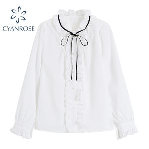 Fransız ofis bayanlar bluz ve gömlek kadınlar için fırfır eklenmiş sahte boyun lace up tek göğüslü vintage iş blusas şık üst 210417