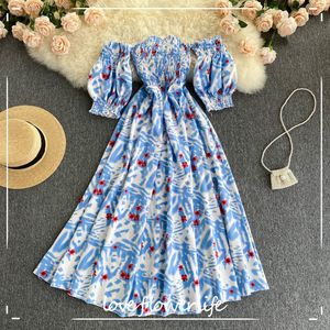 LoveFlowerLife Sommer Frauen Vintage Böhmen Floral Print Kleid Weibliche Strand Kleid Süße Slash Neck Puff Sleeve Mini Kleid 210521