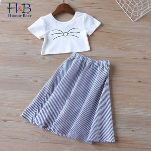 Humor Bear Girls Clothing Set Summer Short Sleeve cartoon T-shirt +Strieped Printed Skirt 2pcs Sweet Girls Baby Kid Clothes X0902