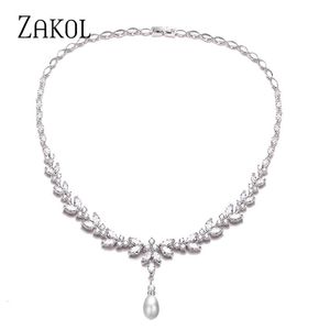 Zakol Luxury Exquisite Marquise Cut Cubic Zircon Leaf Justerbar kedja Halsband för kvinnor Mode Bröllop Bröllopsfest Smycken