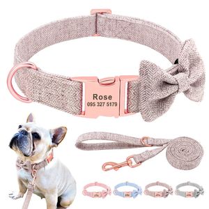 Customized Dog Collar Leash Set High Quality Personalized Pet Collars With Bowtie Adjustable Dogs Collars Leash Free Engraving 211006