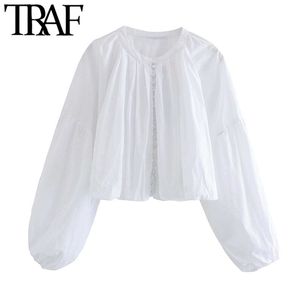 TRAF Women Fashion With Covered Buttons Cropped Blouses Vintage O Neck Lantern Sleeve Female Shirts Chic Tops 210415