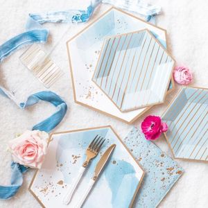 Одноразовая посуда 1Set Blue Series Gilding Paper Пластины полосатые посуды Diy для свадебного стола декор.