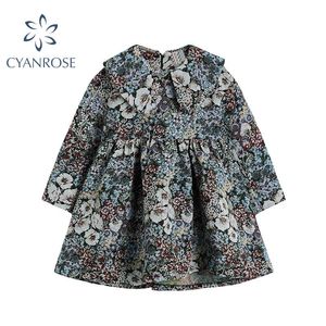 Outono vintage impressão floral manga longa mulheres vestido coreano peter panela bonito senhoras cintura alta solta uma linha vestido feminino fêmea 210417