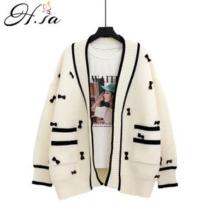 Kobiety Sweter i Cardigans Casual Luźne Kurtki Kurtki Czarny Biały Łęku Cute Różowy Cardigan 210430