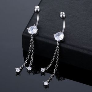 Dangle Chain Belly Knapp Ringar Klar CZ Navel Ring 316L Rostfritt Stål Runda Zircon Body Piercing Smycken