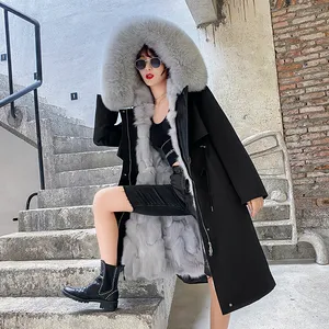 OftBuy New Real Fur Coat Winter Jacket Women Parka NaturalFox Fux Fur Collar Hood Thick Warm Liner Outerwear Streetwear 3 in 1