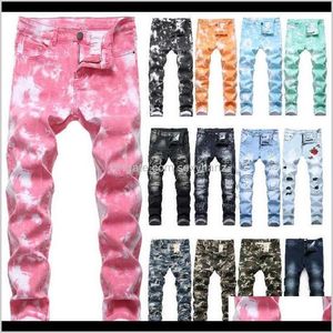 Mens kläder kläder dropp leverans 2021 mode hip hop patch retro hål zipped biker jeans camouflage utskrift män slim förstörda rippade de