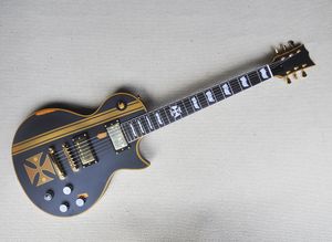 Factory Wholesale Relic matte black electric guitar with yellow pattern,Rosewood fretboard,Yellow binding,offering customized services