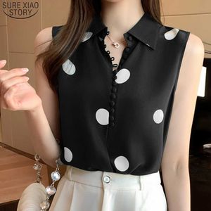 Casual Impressão Polka Dot Summer Sleeveless Camisa Botão de Mulher Surpreender Collar Feminino Blusa Blusa Mulheres Mulheres 14452 210527