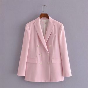 Pink Za Blazer Женщины Длинные Рукав Двухборнянные Кнопка Винтажные Blazers Part Feminine Chic False Welt Pocket Верхняя одежда Топ 210930