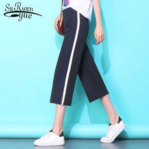 Fashion Women Pants Casual Calf-length Wide Leg High Waist Side Strip Solid Loose 5173 50 210508