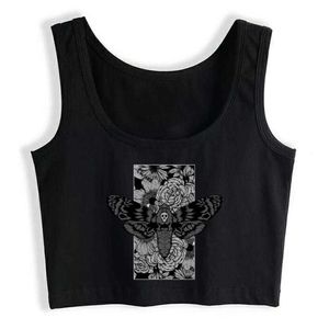 Crop Top Kvinna Death Moth O-Neck Vit Anpassade Toppar Kvinnor 210607