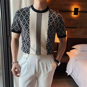British Style Summer Short Sleeve Knitted T-Shirts Men Clothes Fashion O-Neck Slim Fit Business Casual Tee Shirt Homme 3XL 210706