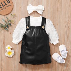 Clothing Sets 1-5Years Baby Girl Tops Skirt Suit Fashion Long Bubble Sleeve Round Neck Blouse Leather With Side Pockets