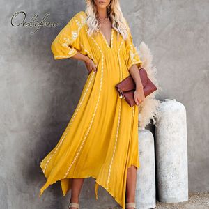 Summer Boho Women Maxi Yellow Vintage Embroidery Tunic Long Beach Dress 210415