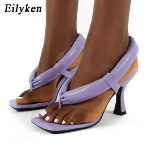 Eilyken Purple Women Gladiatorサンダルセクシーなハイヒールサンダル夏パーティードレスポンプ四角ヘッドストラップシューズY0721