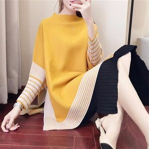 Sweter z dzianiny w paski z długim rękawem Turtleneck Batwing rękawy Loose Dwupiętrowy Solid Color Downing Spódnica Kobiety Ustawia 210427