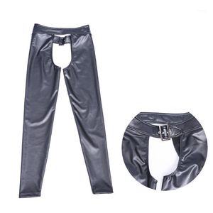 Mężczyźni Sexy Spodnie Faux Leather Skinny Spodnie Legginsy Open Crotch Stylowe Klub nocny Męskie