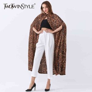 Imprimir Leopard Mulheres Windbreaker Cape Stand Collar Sem Mangas Loose para Feminino Vintage 210524