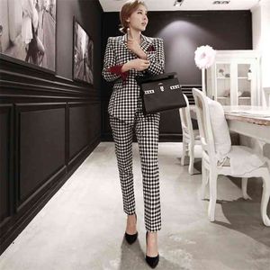 Jesień Winter Business Women 2 Piece Suit Set Długi Rękaw Asymetryczny Plaid Blazer Płaszcz i Pant Office Lady Garnitury 210514