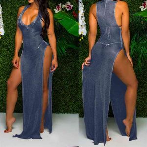 Kobiety Sexy Lato Siatki Sheer Beach Maix Dress Bez Rękawów Dekolt Side Split Lace-Up Łączenie Bikini Cover-Ups Vestidos 210517