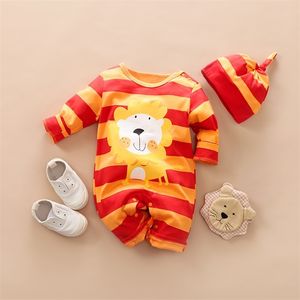 Baby Lion Print Sunshine Style Стиль с длинным рукавом Комбинезон и шляпа для мальчика Body Bodysuits Одежда 210528