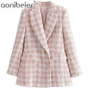 Aonibeier Za Woman Casual Traf Coats Autumn Winter Thick Tweed Woolen Jacket Ornate Buttons Slim Long Plaid Blazers Pink 211122